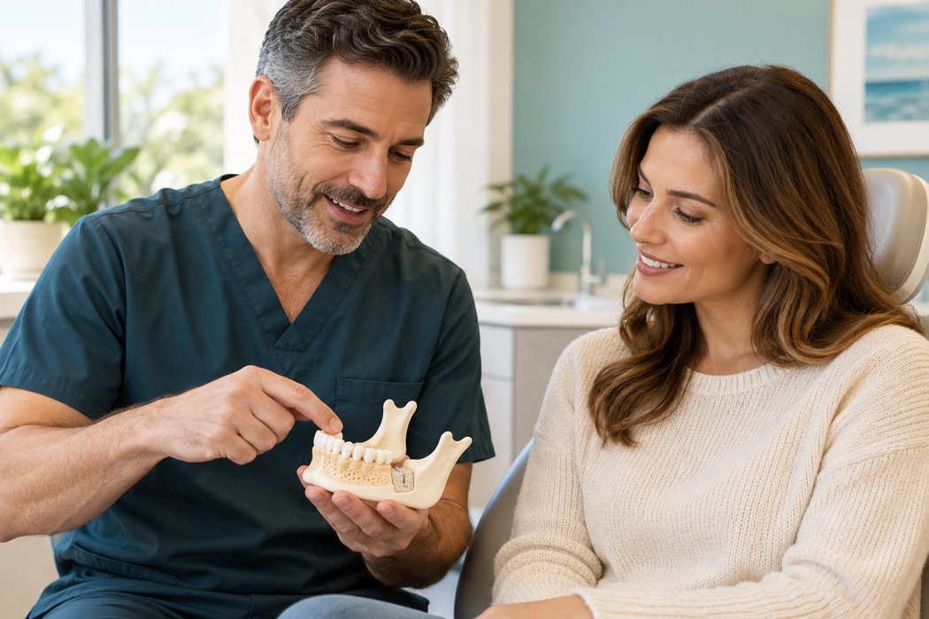 Illustration of a gum and bone care consultation